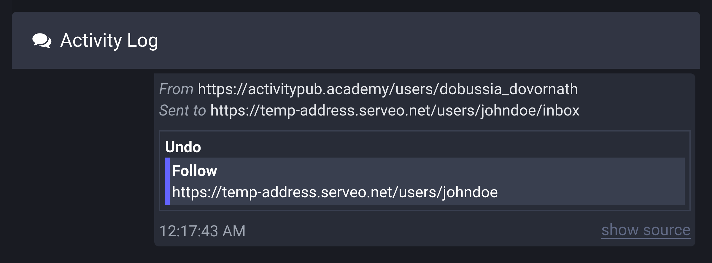 Activity Log showing the sent Undo(Follow) activity