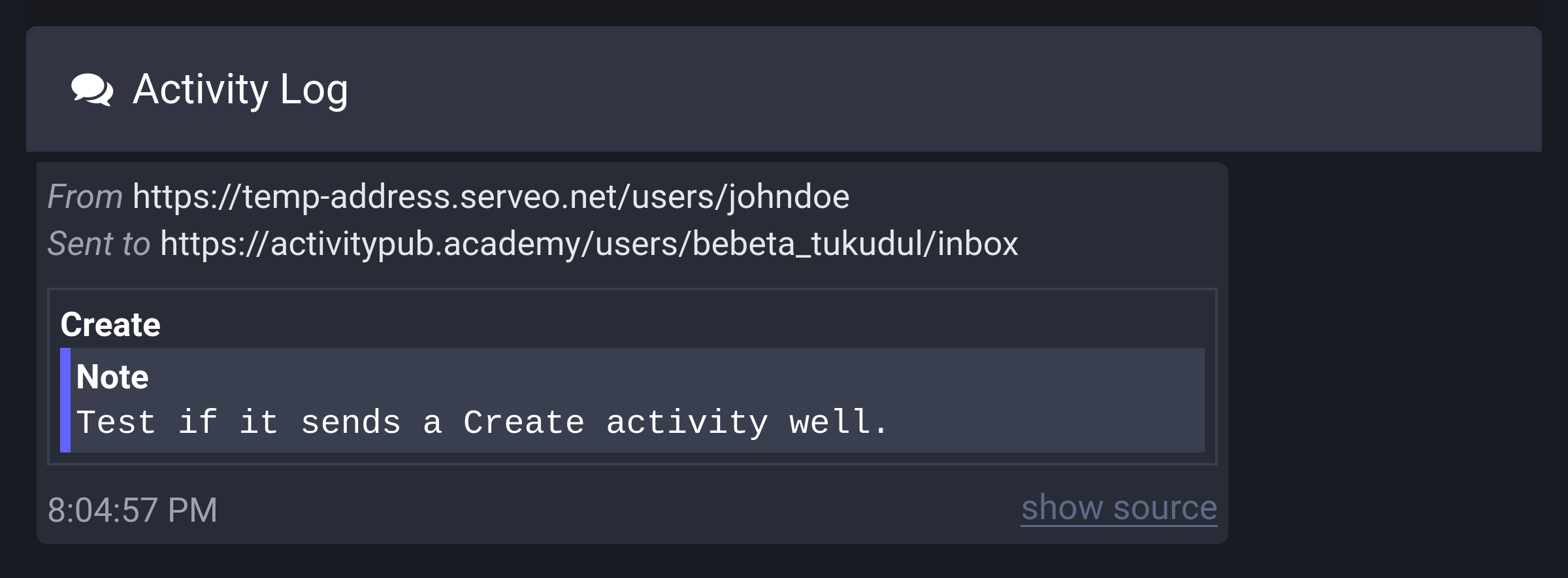 Activity Log showing received Create(Note) activity