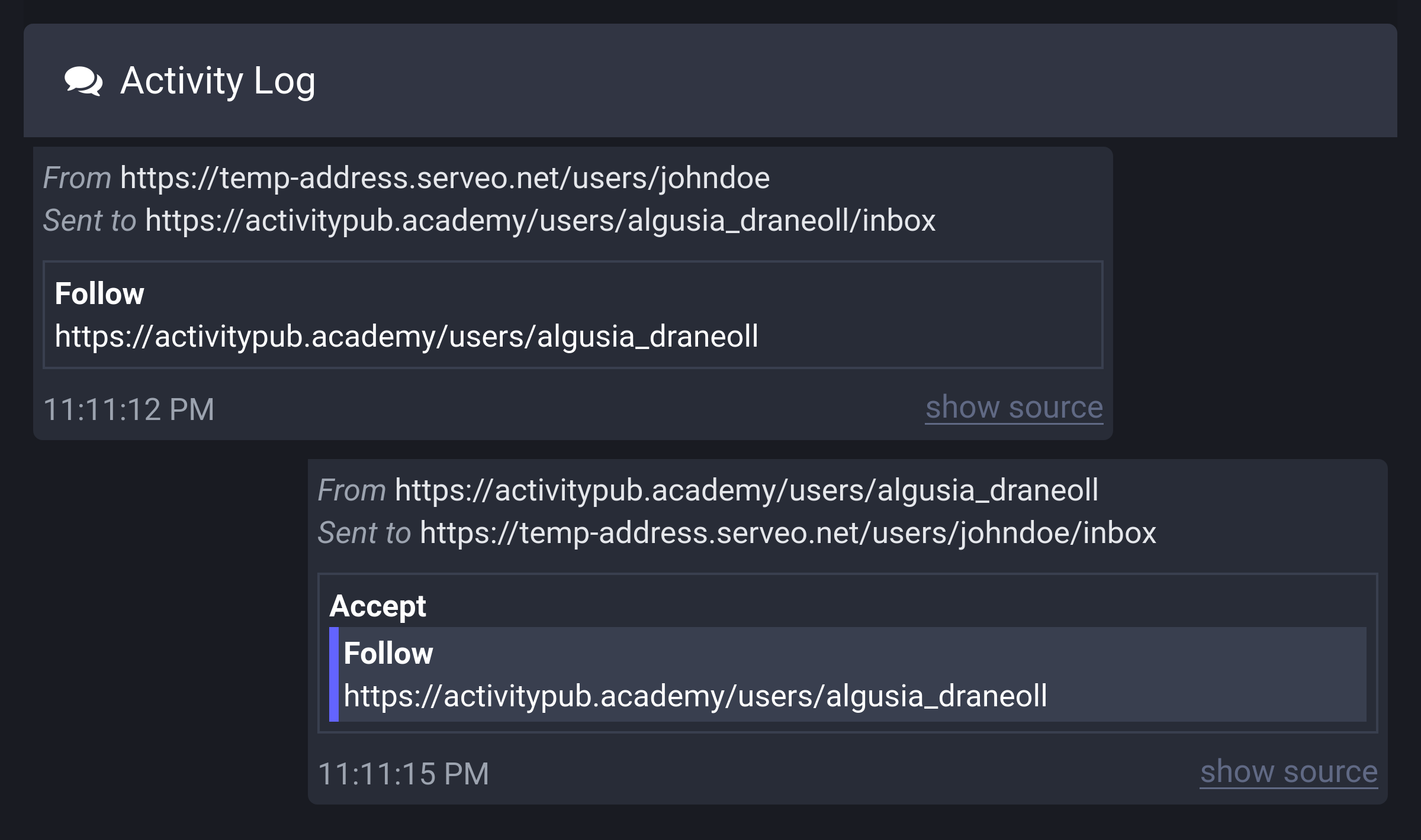 Activity Log showing received Follow activity and sent Accept(Follow) activity