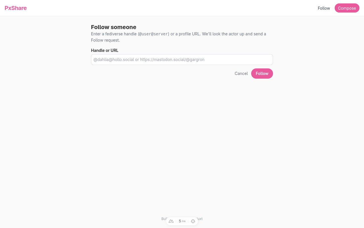 The Follow page with an empty input box, placeholder “dahliahollo.social or https://mastodon.social/&commat;gargron”, and a Follow button on the right.