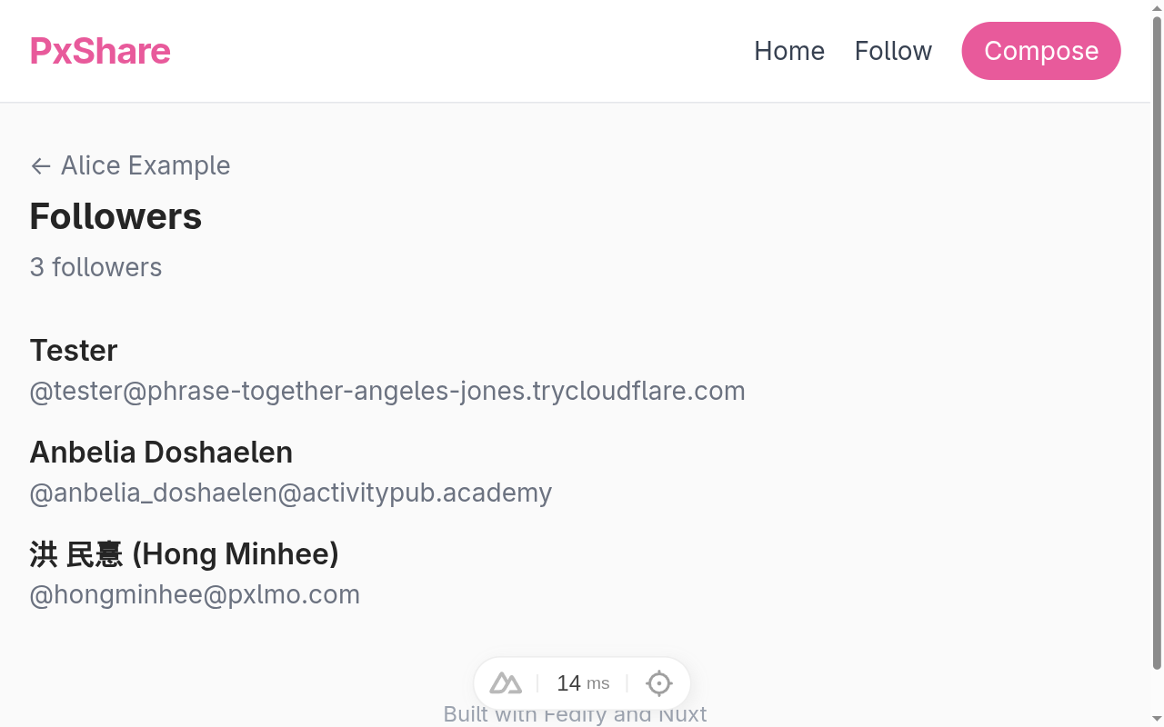 Alice's followers page.  A “← Alice Example” back link, the
“Followers” heading, “3 followers”, and three entries: a
Pixelfed account “Tester” (tester@…), an
ActivityPub.Academy account “Anbelia Doshaelen”, and a Pixelfed
account “洪 民憙 (Hong Minhee)”.  Each follower's handle is
itself a link to their original profile on the remote
server.