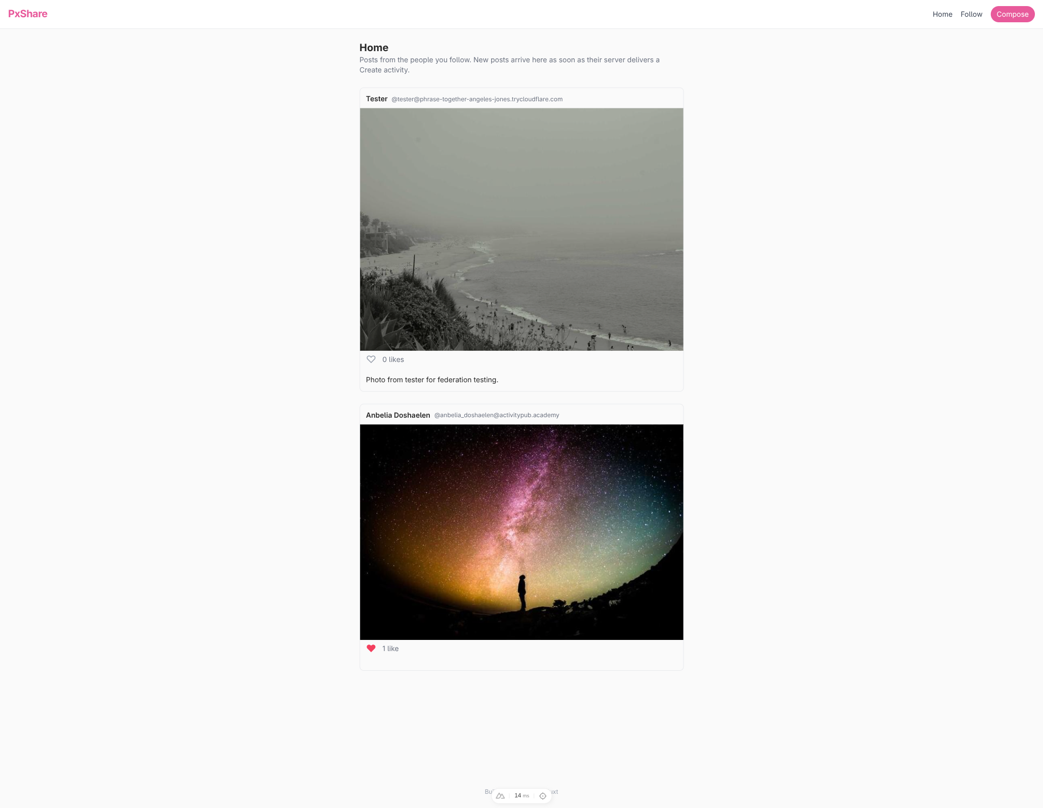 alice's home page rendered as a stacked single-column feed of
two timeline cards: tester's foggy beach photograph from Pixelfed
with the caption “Photo from tester for federation testing.” and
a “0 likes” counter on top, and anbeliadoshaelen's space scene
with “1 like” underneath.