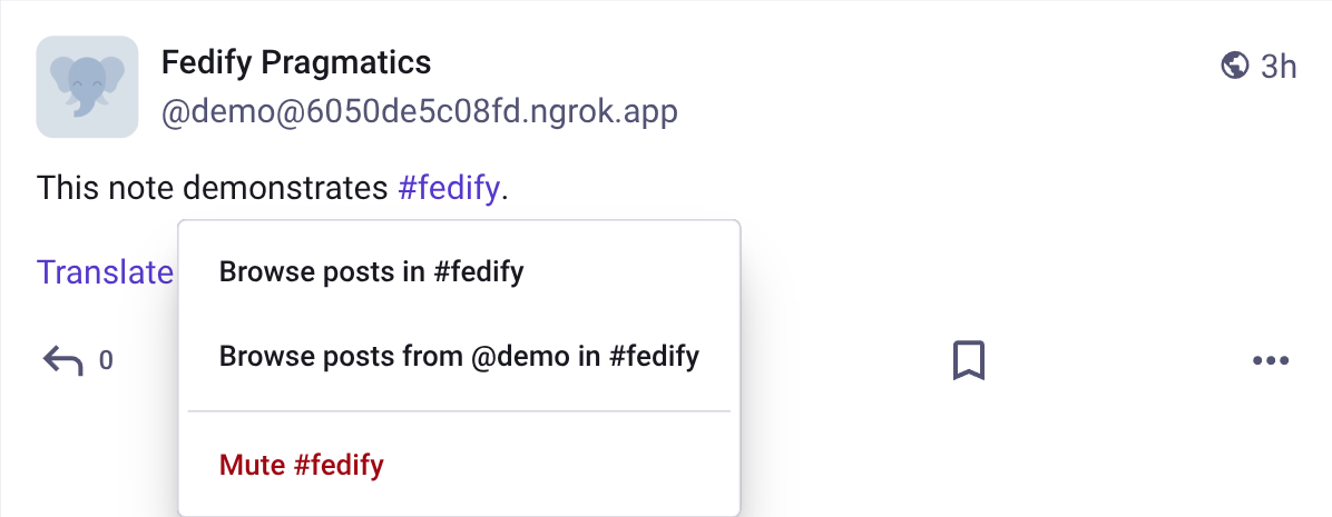 Screenshot: A Mastodon hashtag menu opened from a rendered hashtag