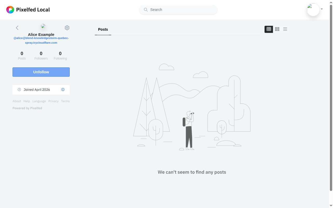 alice's profile rendered on a Pixelfed instance after the round
trip succeeds.  The follow button now reads Unfollow; the
counters still read 0/0/0 because alice does not yet expose a
followers collection (we add it in Followers list and
collection).