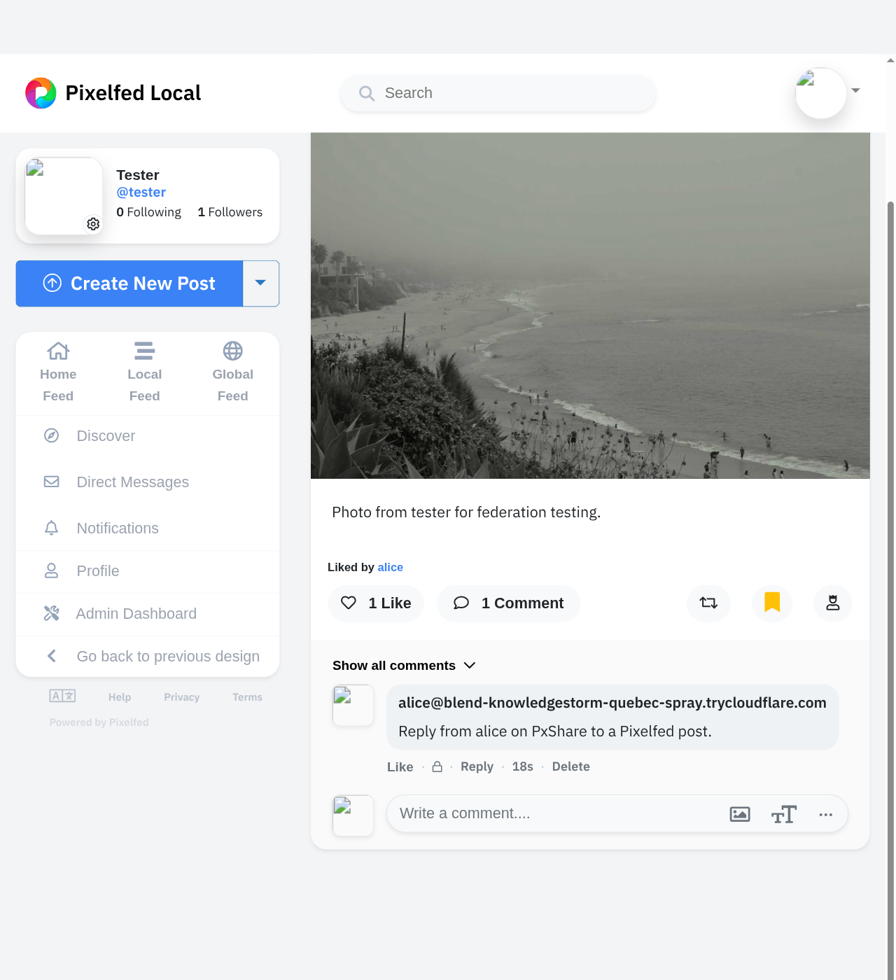 Pixelfed's post detail page showing tester's beach photo, a
“1 Comment” counter, and beneath it alice's reply
“aliceyour-tunnel.example  — Reply from alice
on PxShare to a Pixelfed
post.”