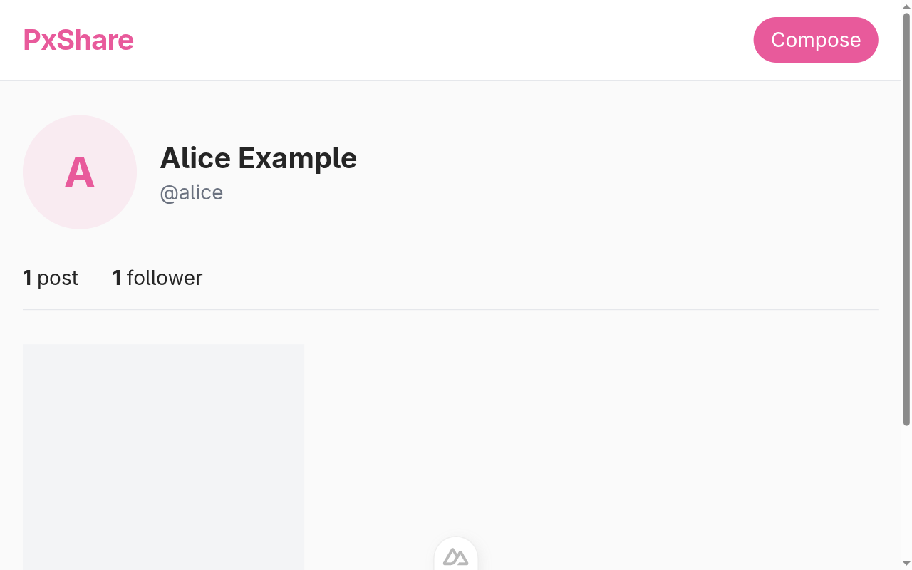 Alice's profile with the post count and a grid of square thumbnails.