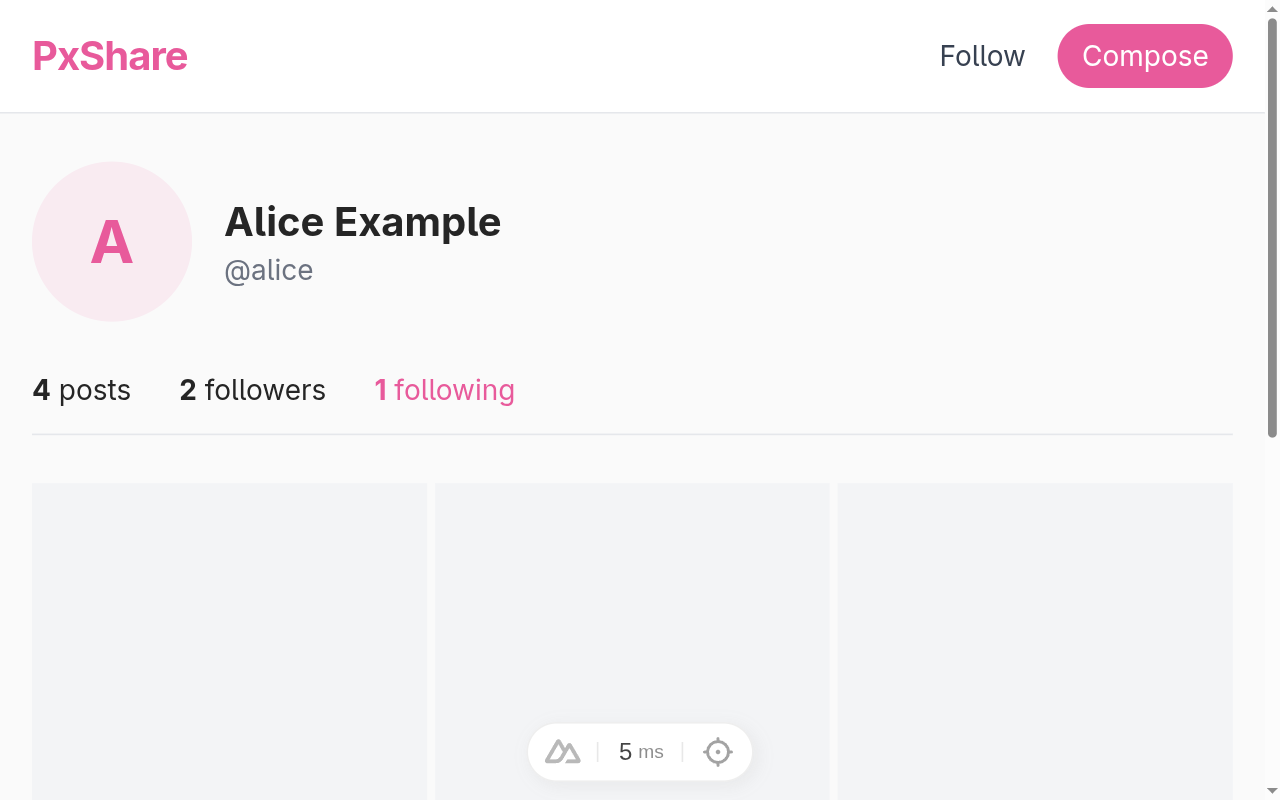 alice's profile header showing “4 posts · 2 followers · 1 following”.