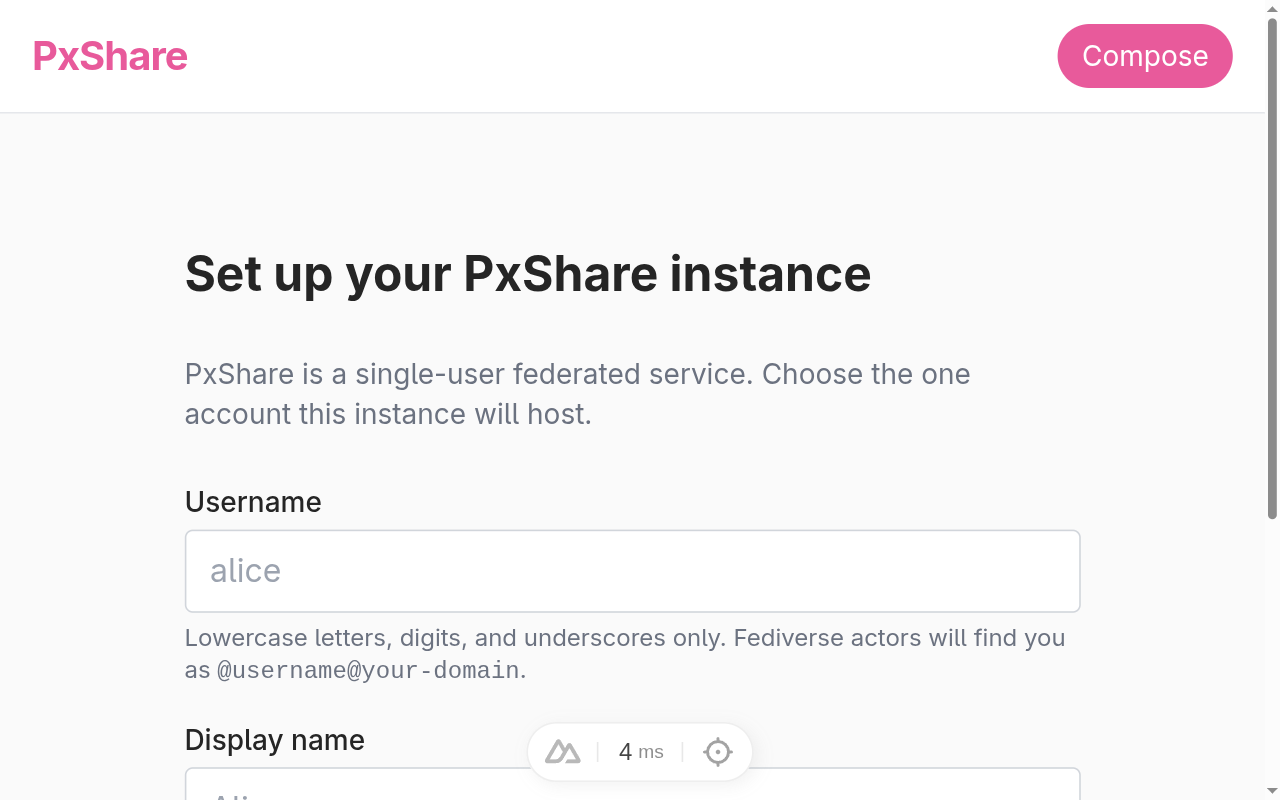 The setup form on a brand new instance, reached by visiting  which
the middleware rewrote to .